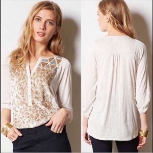 Anthropologie Cream Metallic Gold-Accent Henley Top